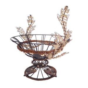 Vtg Metal Wire Beaded Basket w/‎ Ceramic Leaves Rustic Deco Centerpiece 12.5"w